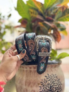 Stylish Turquoise and Brown Handtooled <b>Leather</b> <b>Belts</b> New Arrival with Copper Buckle Popular Handmade Design - Product Image 3