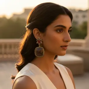 Boucles d'oreilles pendantes en or plaqué or pour femmes, avec rubis, quartz, perle d'eau douce, diamant, forme de cœur, bijoux pour mariage, symbole chrétien - Product Image 3