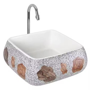 Lavabo de mesa con estampado amarillo, lavabo de baño con diseño de grano de cuero electrochapado de tamaño pequeño de cerámica para USO HOTELERO - Product Image 3