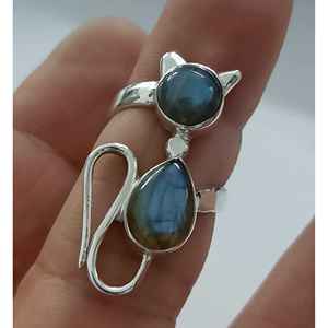 925 Sterling Silver Labradorite <b>Ring</b> Dual Gemstone Handmade <b>Statement</b> Promise Cat Jewelry Gift Inlay Setting Licensed Private - Product Image 2