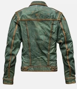 Chaqueta de cuero de camionero hecha a medida al por mayor para hombre chaqueta de cuero de estilo vintage de piel de cordero real verde - Product Image 3