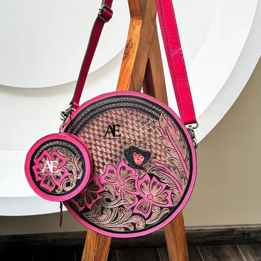 Keluaran dompet selempang bulat kantin kulit Tooled tangan merah muda dompet koin merah muda kulit Tooled motif bunga bergaya untuk wanita