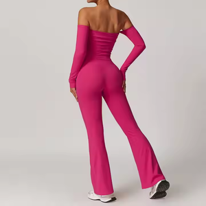 Conjunto de ropa deportiva para mujer con logotipo personalizado al por mayor, pantalones acampanados sin hombros, Tops cómodos para gimnasio, conjuntos de ropa deportiva transpirable para yoga - Product Image 6