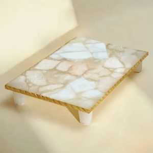 Plateau décoratif pour Shabbat personnalisé, nouvelle arrivée, Judica, marbre blanc, bord doré, plateau à challah, plateau à fromage, couteau, plateaux de service - Product Image 5