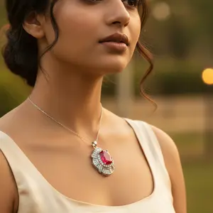 Pendentif en argent 925 fait main avec rubis pour femmes, bijoux en pierres précieuses, style religieux, plaqué or blanc, or rose, pendentif en or 14 carats - Product Image 1