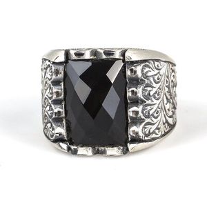 Handcrafted Vintage 925 Sterling Silver Men's <b>Ring</b> Faceted Onyx Bezel Setting Coral Pen-Shaped Design for Wedding Engagement - Product Image 5