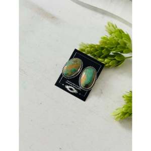 Larry Kaye Kingman Turquoise & Sterling <b>Silver</b> <b>Stud</b> Earrings Bezel Setting Post Earrings - Product Image 3