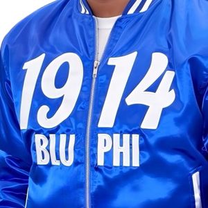 Phi Beta Sigma 1914 Blu phi แจ็คเก็ตบอมเบอร์สีฟ้าผ้าซาตินตกแต่งด้วยกำมะหยี่ปักตราพี่น้องและดีไซน์ด้านหลัง Sigma - Product Image 5