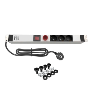 Unidad de distribución de energía (PDU) de 19” 1U para montaje en rack, 3 tomas Schuko, enchufe europeo de 16A con interruptor, voltímetro y amperímetro - Product Image 1