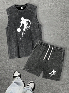 Casual impreso 2 piezas gimnasio sin mangas deportes 2025 hombres tanques y pantalones cortos traje hombres ropa lavada 2 uds conjuntos de baloncesto - Product Image 2