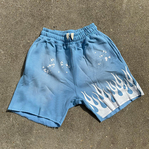 Pantalones cortos de sudor de verano personalizados, pantalones cortos holgados de algodón con estampado gráfico Vintage Raw Hem Applique Distressed Acid Wash Shorts para hombres - Product Image 2