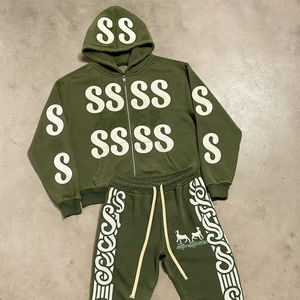 Ensemble survêtement homme streetwear patchwork personnalisé, coton délavé, appliqué brodé, pantalon de survêtement et sweat-shirt à capuche court - Product Image 2