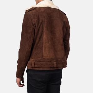 Blouson aviateur en daim marron pour homme avec col en peau de mouton, fermeture éclair et poches à rabat, coupe décontractée, idéal pour l'automne - Product Image 4