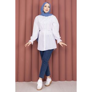 Camisa Blanca con Cordones para Mujer, con Detalle de Fisto, Tela Popelina, Top Largo Chic Casual, Talla XL, Estilo Retro Vintage para Primavera - Product Image 2