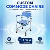 Chaise de toilette pliable et réglable 3-en-1 en aluminium, légère, anti-basculement, pour lit et douche, avec roues silencieuses, capacité 150 kg