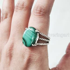 Bague pour femme en argent sterling 925 avec pierre précieuse naturelle en malachite, 3 bandes torsadées, style bohème, cadeau de Noël, bijoux faits à la main - Product Image 5