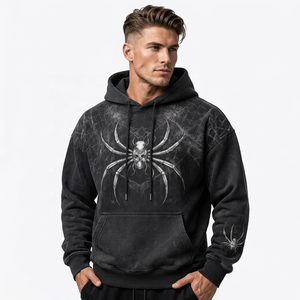 Sweat à capuche graphique personnalisé pour homme, coupe oversize, effet délavé vintage, style streetwear, motif araignée, poche kangourou, vente en gros - Product Image 1