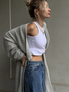 <span class=keywords><strong>Cardigan</strong></span> maglione da donna di colore solido lungo e taglie più lunghe <span class=keywords><strong>con</strong></span> cintura pelosa in maglia Casual Casual invernale - Product Image 4