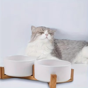 Bols à nourriture pour chats en céramique double surélevés FT05 avec support en bois de bambou, design anti-salissure pour animaux de compagnie d'intérieur - Product Image 1