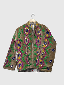 Floral Embroidered Velvet Jacket Mandarin Collar Full Sleeve Prairie Chic Style Women's Plus Size <b>Winter</b> Wear - Product Image 3