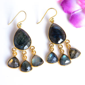 Boucles d'oreilles pendantes et à goutte en argent 925 avec labradorite et placage or, bijoux tendance pour les mariages, les fêtes, cadeaux - Product Image 3