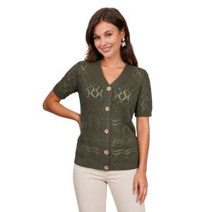 Cárdigan de algodón orgánico con cuello en V para mujer, manga corta, tejido pointelle, blusa hueca sostenible con botones y fruncido translúcido - Product Image 1