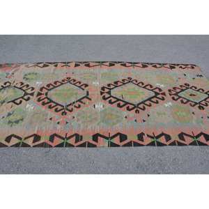 Tapis Kilim Turc Vintage 4.8X10 pieds Vert Noir Patchwork Laine Latex Fait Main pour Chambre Couloir Rectangulaire Design Abstrait - Product Image 3