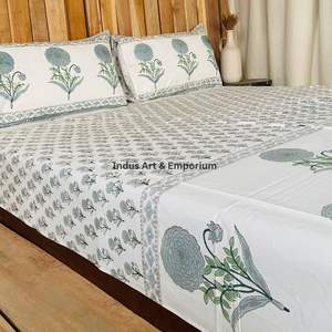 Parures de lit indiennes artisanales Sanganeri imprimées à la main, draps de lit avec taies d'oreiller - Product Image 4