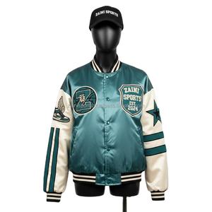 Chaquetas de Satén Premium para Mujer, Color Verde Azulado, Paneles de Manga Crema, Parche Bordado, Logotipo Personalizado, Estilo Universitario - Product Image 1