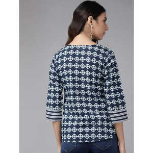 Haut en coton imprimé fleuri pour femmes brodé col asymétrique tenue de fête formelle pour la saison d'automne tailles XS et XL couleur bleue - Product Image 2