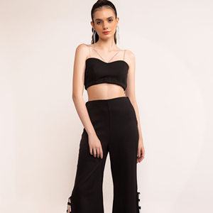 Pantalón corto informal negro brillante para mujer, nueva colección, botón con abertura lateral de diamantes de imitación, pantalón largo hasta el suelo, fabricante directo - Product Image 1