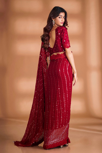 Indian Boutique <b>Red</b> Beautiful Traditional Bollywood Ethnic Georgette Sequence Work Premium Quality Latest Trendy <b>Red</b> Sari - Product Image 3