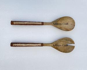 Juego de servidor de ensalada de madera nórdica con mango de ratán tejido para el hogar Hotel restaurante cubiertos de bambú rústico cuchara de ensalada utensilios de cocina - Product Image 5