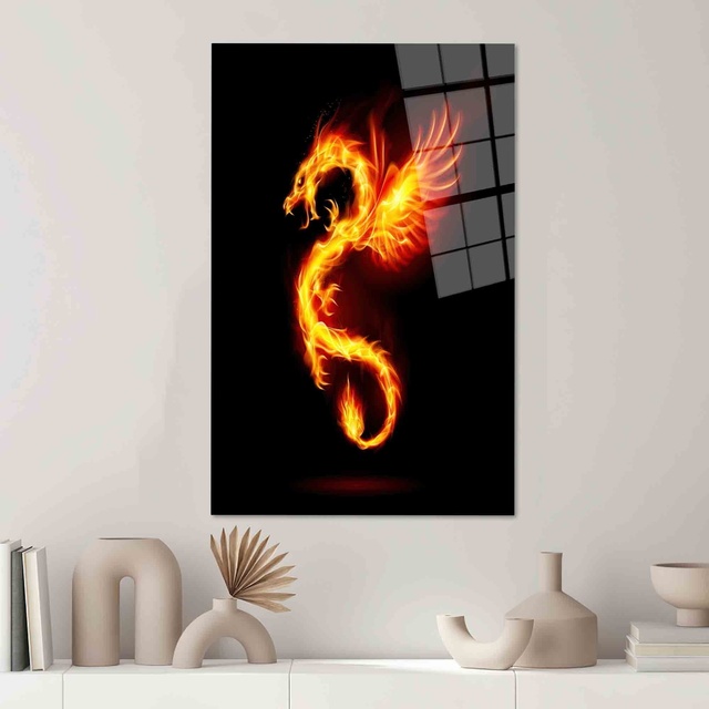 Elegant Fire Dragon Art Deco Tempered Glass Print on Canvas Black Panel Wall Hanging Art