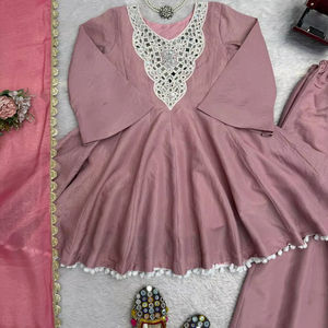 TENNECY Women Special Heavy <b>SILK</b> Wrinkle Free Stretchable Party Wedding Kurti with Top Set Ready to Wear - Product Image 1