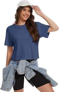 Women's Summer Casual Dry Fit Crop Top Yogic Short Sleeve Athletic Running Crew <b>Neck</b> Tee in Grey Blue Front Logo Position - Product Image 5