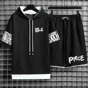 <b>Men's</b> Casual Sports <b>Hoodie</b> Suit Summer High Street Harajuku Style Anime-Inspired T-Shirts <b>Shorts</b> Solid Pattern 2-Piece <b>Set</b> - Product Image 5