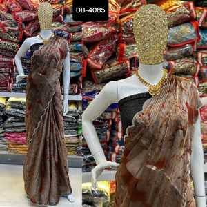 Nouveau Designer Barbari Silk Sari avec impression numérique en aérosol et sari de travail en pierre lourde avec chemisier de travail en séquence de broderie en georgette - Product Image 5