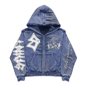 Sudadera con capucha y cremallera para hombre, personalizable, de algodón 100% de alto gramaje, con lavado ácido, efecto desgastado, bordado, serigrafía y adornos de pedrería - Product Image 6