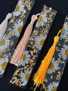 Marcapáginas Decorativos de Resina Hechos a Mano con Flores Secas, Diseño Art Deco Redondo, Borlas, Encaje Floral Transparente, Rosa, Margarita - Product Image 6