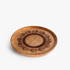 Classic Decorative Circular <b>Wood</b> Platter with Intricate Engraved <b>Border</b> Polished Natural Finish Showcase Artisan Craftsmanship - Product Image 5