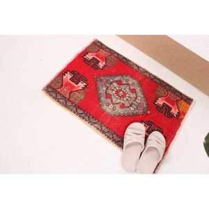 1.7x2.3 ft Turkish Small Rug, <b>Red</b> Gray Vintage Patchwork <b>Wool</b> Rug - Product Image 1