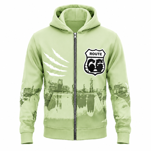 เสื้อฮู้ดซิปคุณภาพสูง ผ้าฝ้าย 100% ทรงโอเวอร์ไซส์ กันน้ำ สีเขียวอ่อน พิมพ์ลายสกรีน-ขายส่ง - Product Image 1