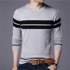 Nouveau automne hommes pull tricoté pulls mince O cou à manches longues pull rayure Patchwork pull pulls décontractés - Product Image 1