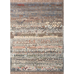 Tapis Manchaha 9x12 noué à la main en laine et soie de bambou, motif géométrique, pour salon et couloir, rectangulaire, Les-2425, gris et noir - Product Image 1