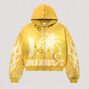 Sudadera Personalizada de Alta Calidad con Estampado de Grafiti y Pedrería, Estilo Vintage, Lavado Desgastado, 100% Algodón Ecológico para Hombre - Product Image 4