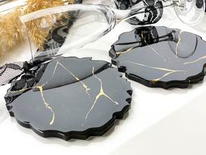 <b>Black</b> & Gold Resin Marble <b>Coasters</b>, <b>Black</b> Gold Agate Shape <b>Coasters</b>, Drink <b>Coasters</b> Set - Product Image 4