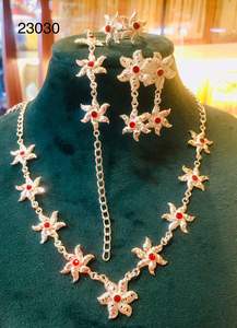 Gold Plated Flower Design Choker <b>Necklace</b> Set with <b>Matching</b> <b>Earrings</b> & Ring | Indian Traditional Imitation Wholesale Model 23239 - Product Image 4