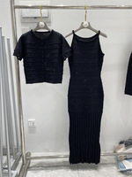Ensemble de 3 pièces de haute qualité pour femmes, robe en tricot à perles avec haut à manches courtes, cardigan à manches longues et robe en tricot mi-longue