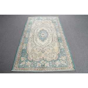 Alfombra Turca de Lana, 3.8x6.7 pies, Azul y Blanca a Rayas - Product Image 1